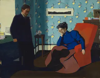 Interior with red armchair and figures, by Félix Vallotton, gouache, 1900