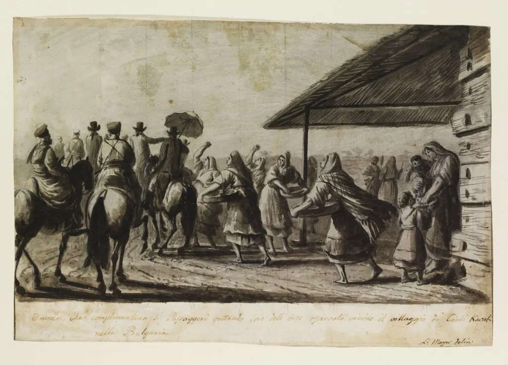 Women greeting travellers by throwing barley to them, observed near the village of Ciala Kavak [Kawak] in Bulgaria, by Luigi Mayer, watercolor, 1794
