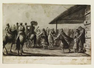 Women greeting travellers by throwing barley to them, observed near the village of Ciala Kavak [Kawak] in Bulgaria, by Luigi Mayer, watercolor, 1794