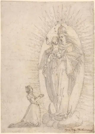 Madonna and Child Appearing to a Supplicant, by Georg Neher, ink, 1600