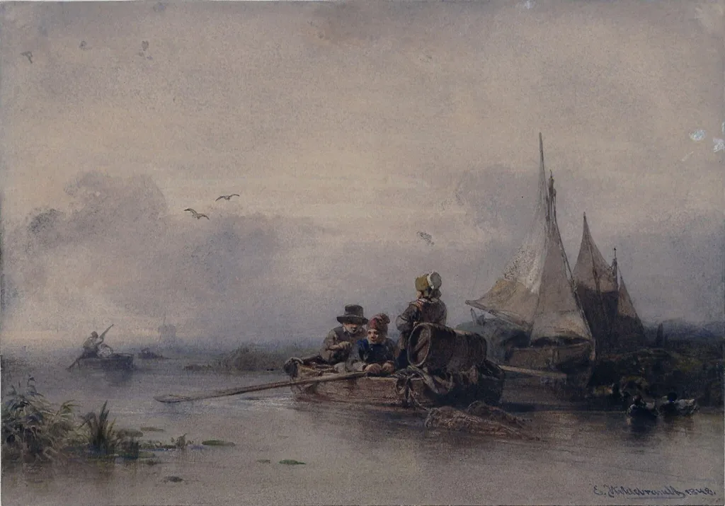 Dutch river scene, by Eduard Hildebrandt, watercolor, 1848