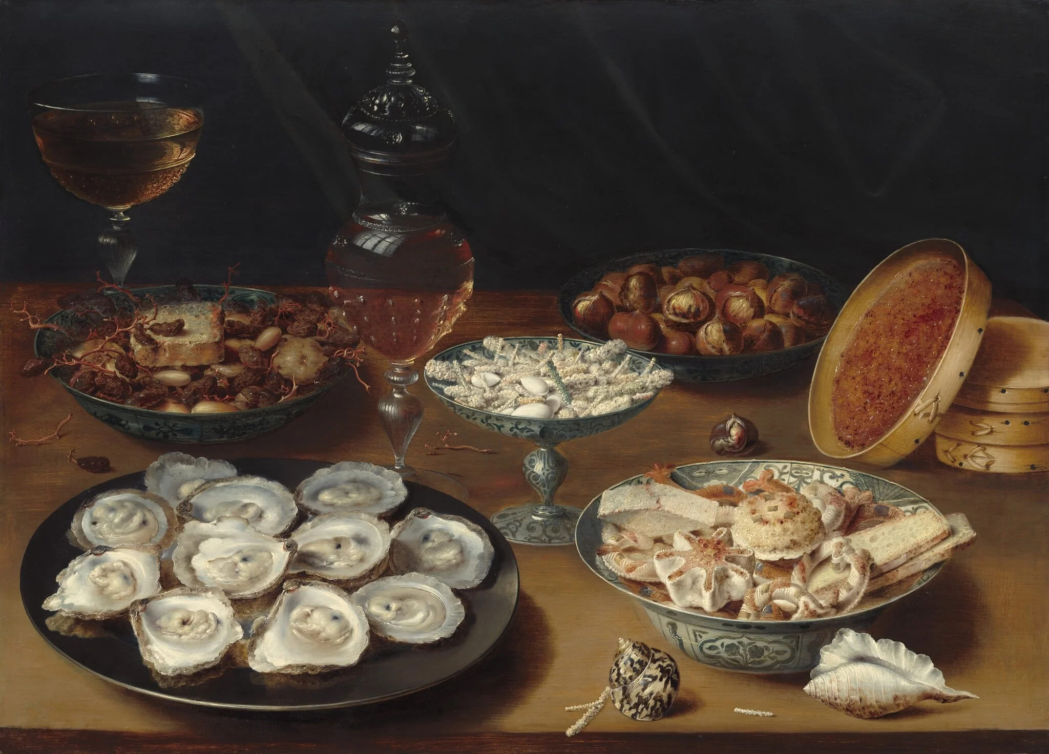 Dishes with Oysters, Fruit, and Wine, detail