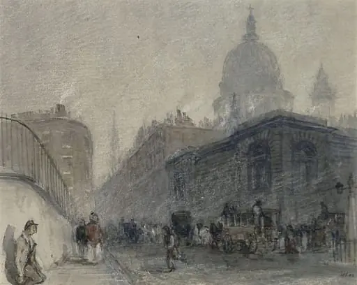 Solitude: View of Newgate Street, looking east, showing the old prison and St. Paul's, by George Haydock Dodgson, watercolor, 1830