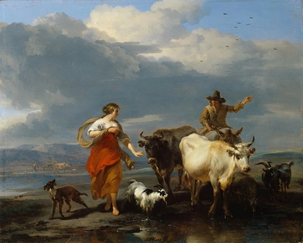 Southern Landscape with Shepherdess and Mule-rider at a Ford, detail