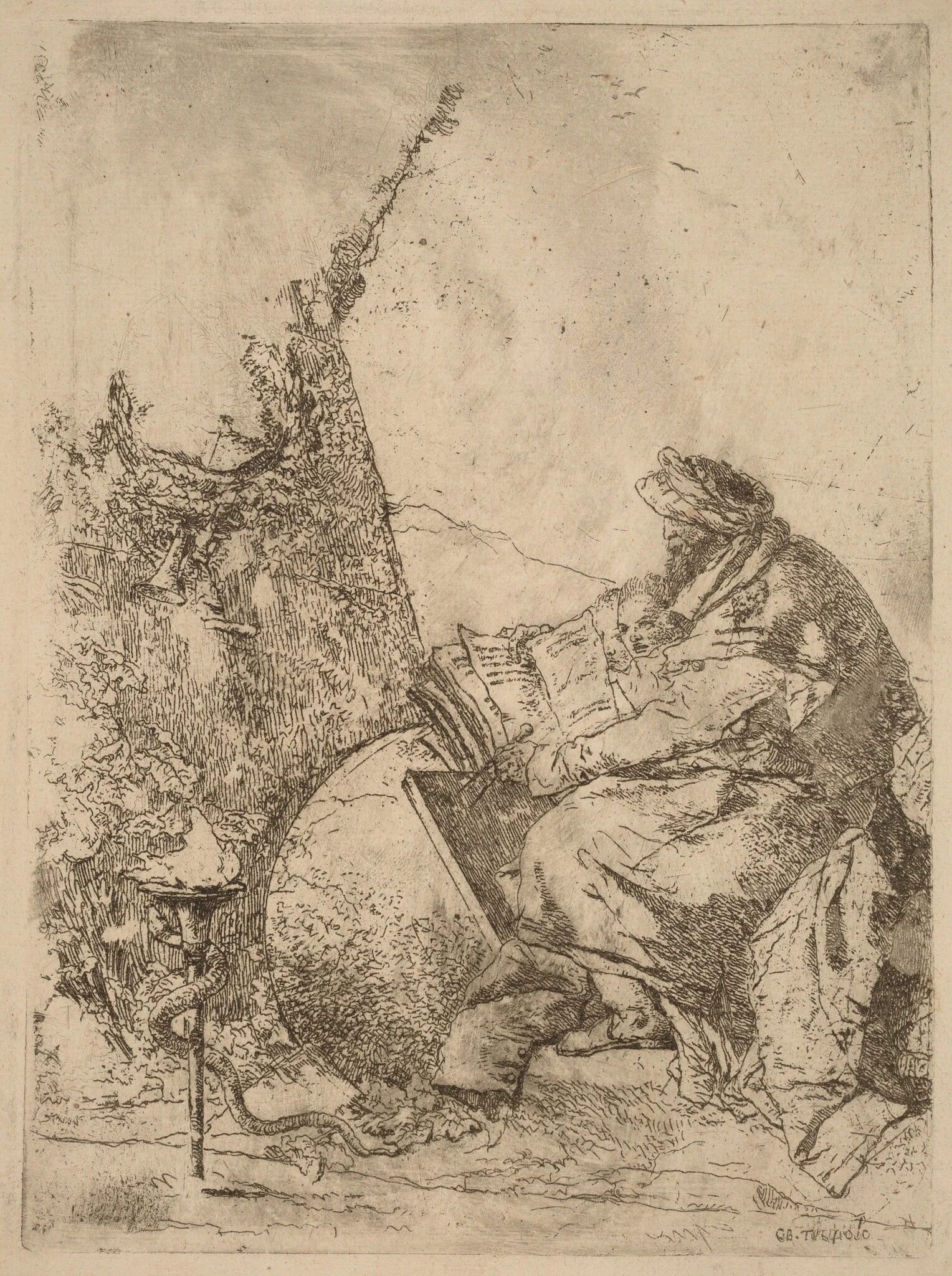 Philosopher Seated, with Globe, Book, and Compass, detail