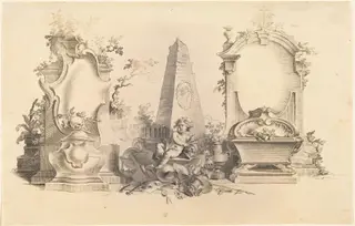 Cartouche Moderne with Emblems of Death, by Johann Esaias Nilson, chalk, 1754