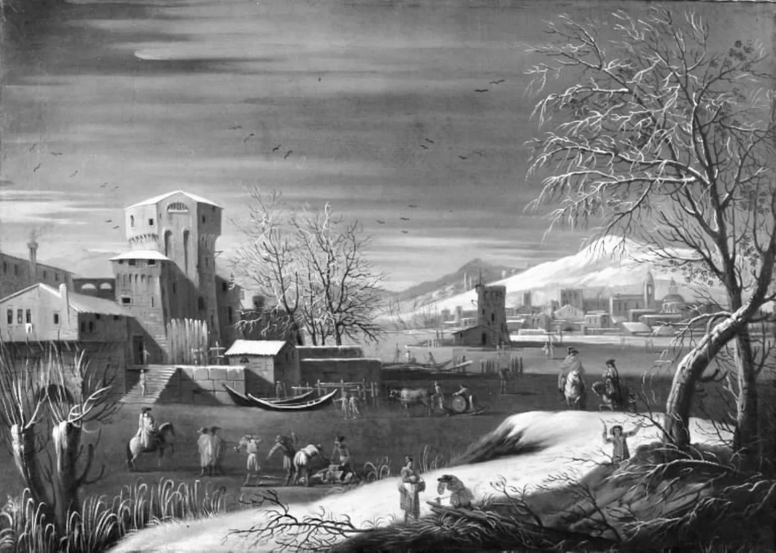 Ved en tilfrossen flod ligger et tårn, længere borte en by og i baggrunden snebedækkede bjerge, detail