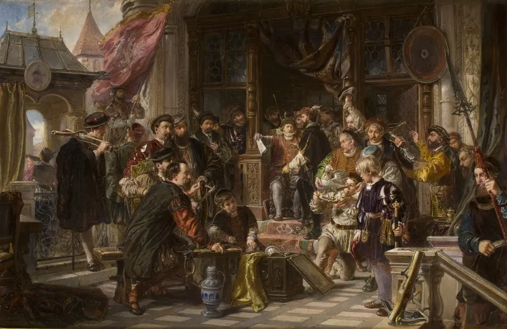 Presenting the Fowler to the Shooting Brotherhood, by Władysław Łuszczkiewicz, oil, 1874