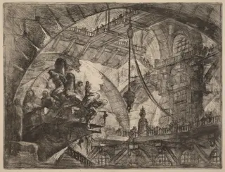 Prisoners on a Projecting Platform, by Giovanni Battista Piranesi, ink, 1750