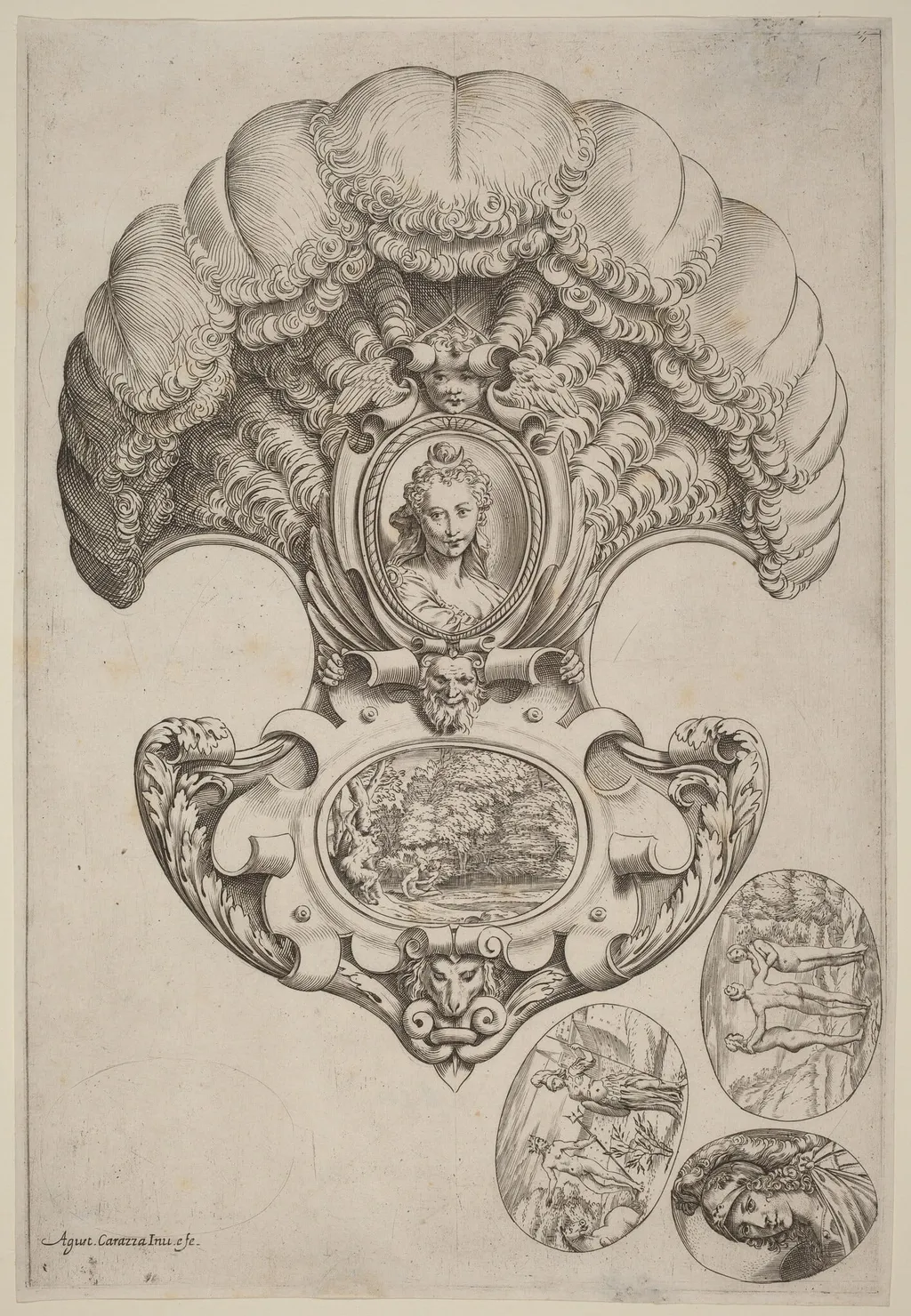 A Headpiece in the Form of a Fan, by Agostino Carracci, ink, 1592