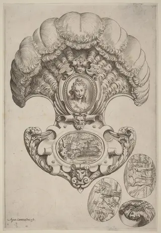 A Headpiece in the Form of a Fan, by Agostino Carracci, ink, 1592