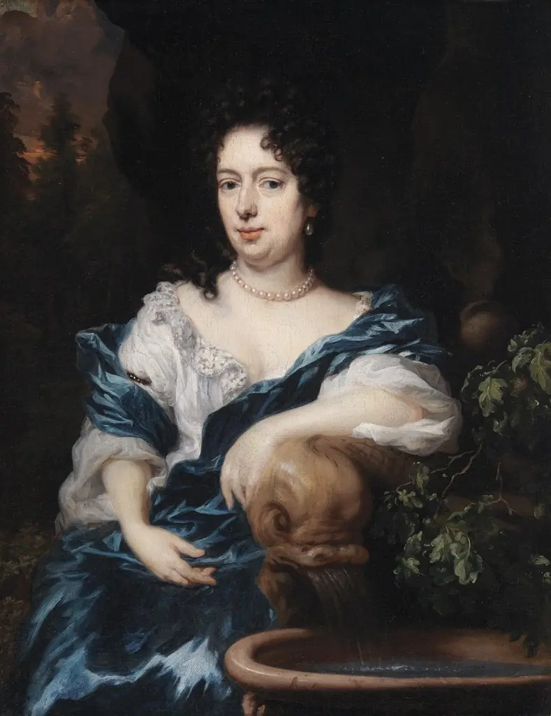 A Lady sitting by a Fountain, possibly Catharina Dierquens, by Nicolaes Maes, oil, 1693