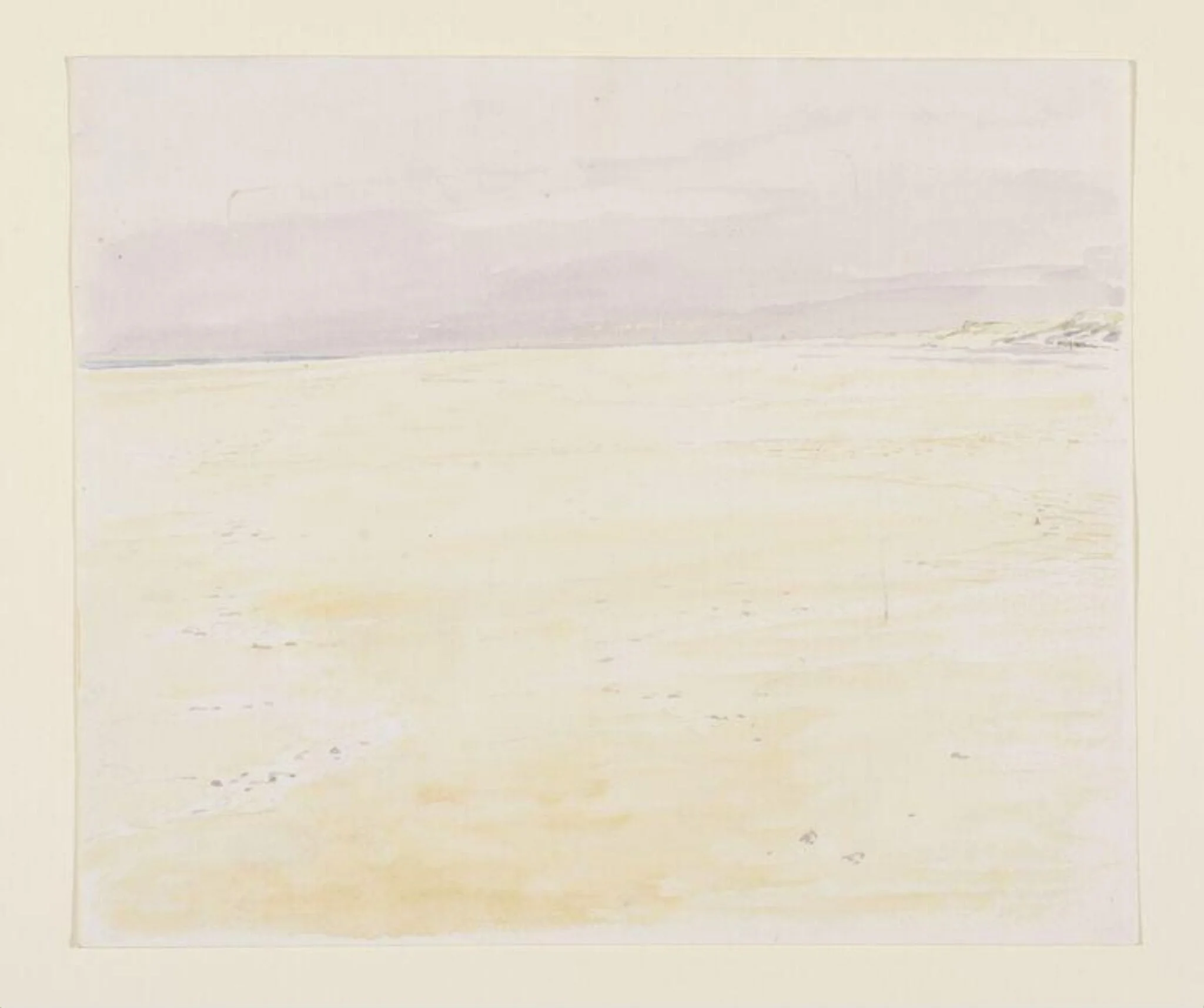 A flat, sandy beach with a purplish sky beyond, detail