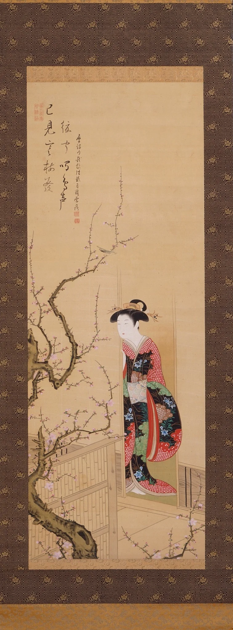 Beauty Admiring a Warbler on a Plum Tree, detail