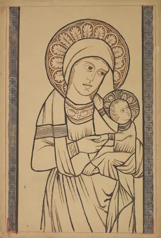 The Blessed Virgin Mary with Child. Artistic reconstruction of a stained-glass panel from the Dominican church in Kraków, by Stanisław Wyspiański, gouache, 1898