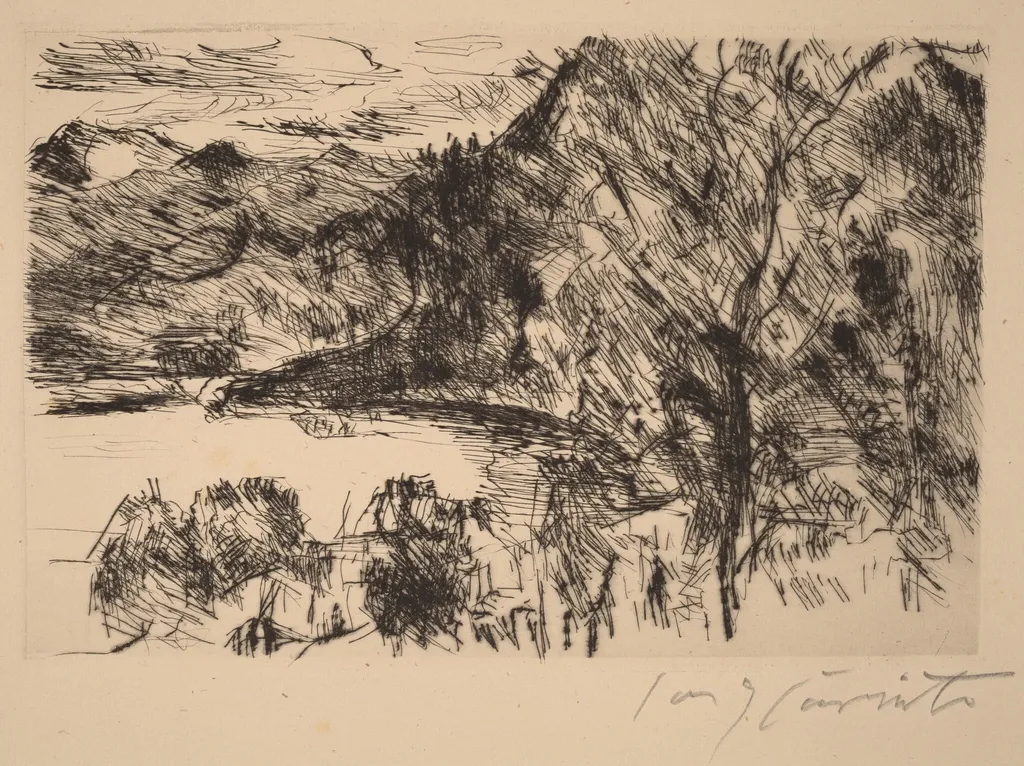 Walchensee mit Jochberg (Walchensee with Jochberg), by Lovis Corinth, ink, 1923