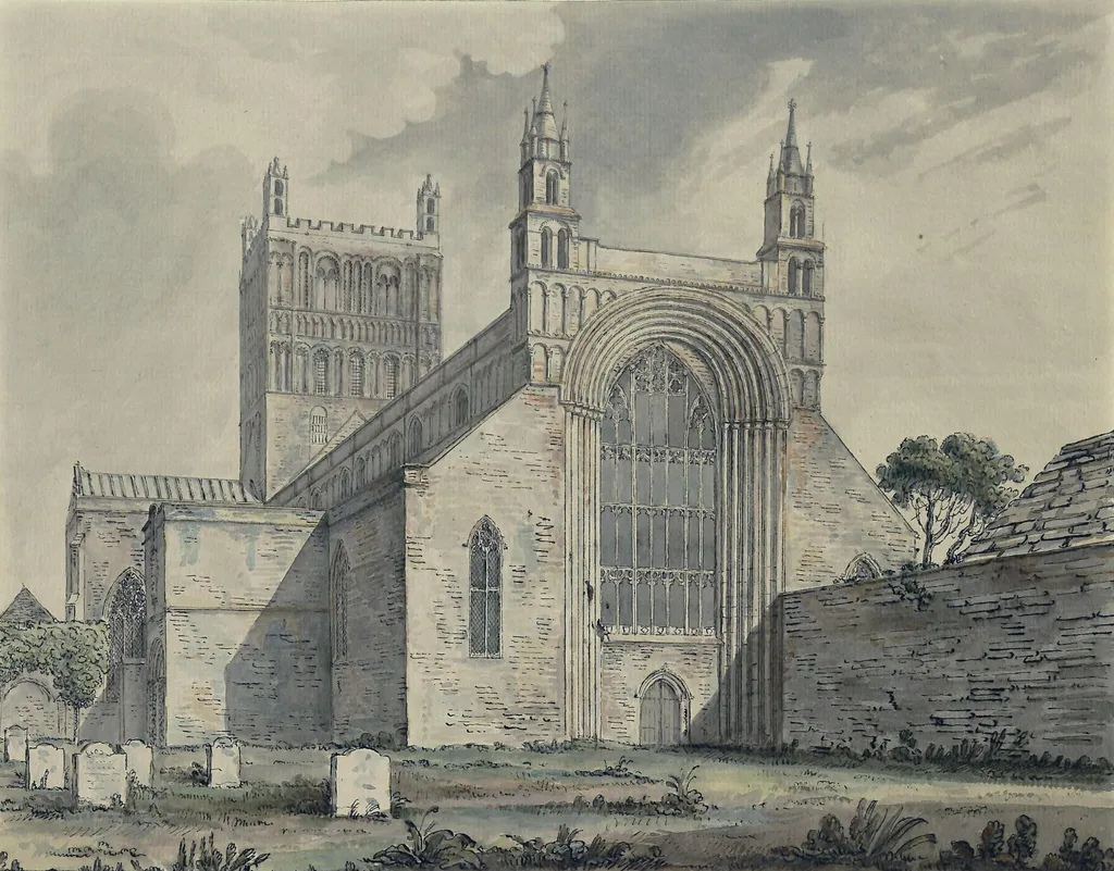 West front and tower of Tewkesbury Abbey Church, Gloucestershire, by Moses Griffith, watercolor, 1775