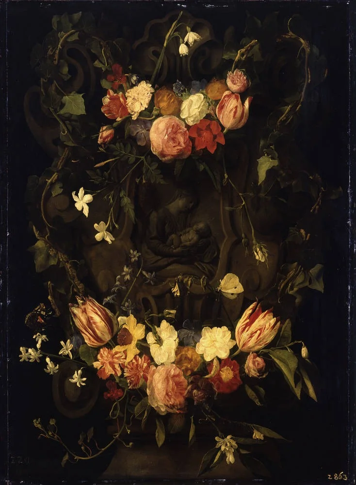 Sculpted cartouche adorned with flowergarlands with a representation of the Virgin and Christ-child, detail