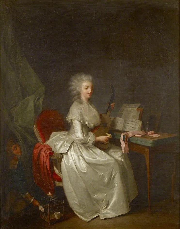 A young Woman playing the Guitar with a Songbird on her Hand, detail