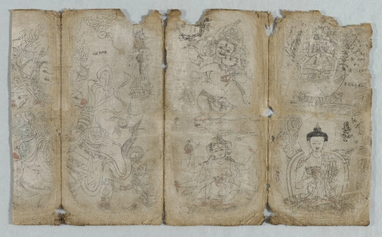 Iconographic Drawings: Vaishravana, Yama, Ushnishavijaya, Chunda (?), and Buddha (recto), detail