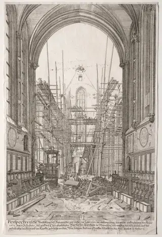 L'Art Ancien Zurich: View in the Church of the Franciscans, Barfüsser-Kirke, by Johan Ulrich Krauss, 1681