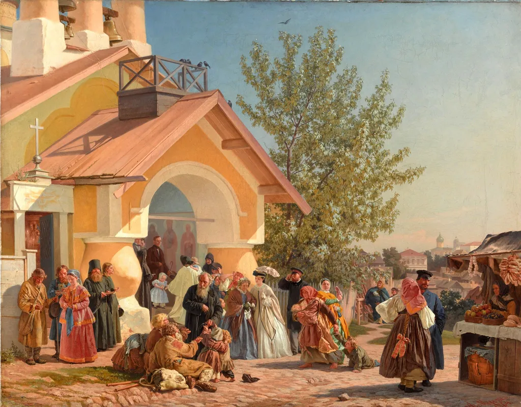 Kirchenausgang in Pskow, by Alexander Ivanovich Morozov, oil, 1864