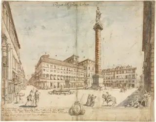 Eighteen Views of Rome: The Piazza Colonna, by Lievin Cruyl, 1664