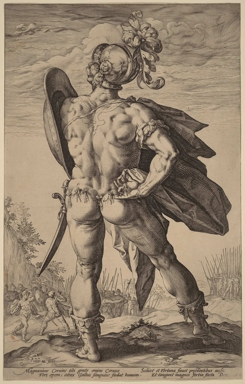 Marcus Valerius Corvus, by Hendrick Goltzius, ink, 1586