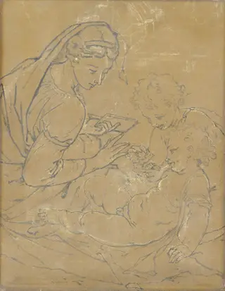 Virgin and Child with Saint John (chalk sketch), by Adriaen van der Werff, oil, 1711