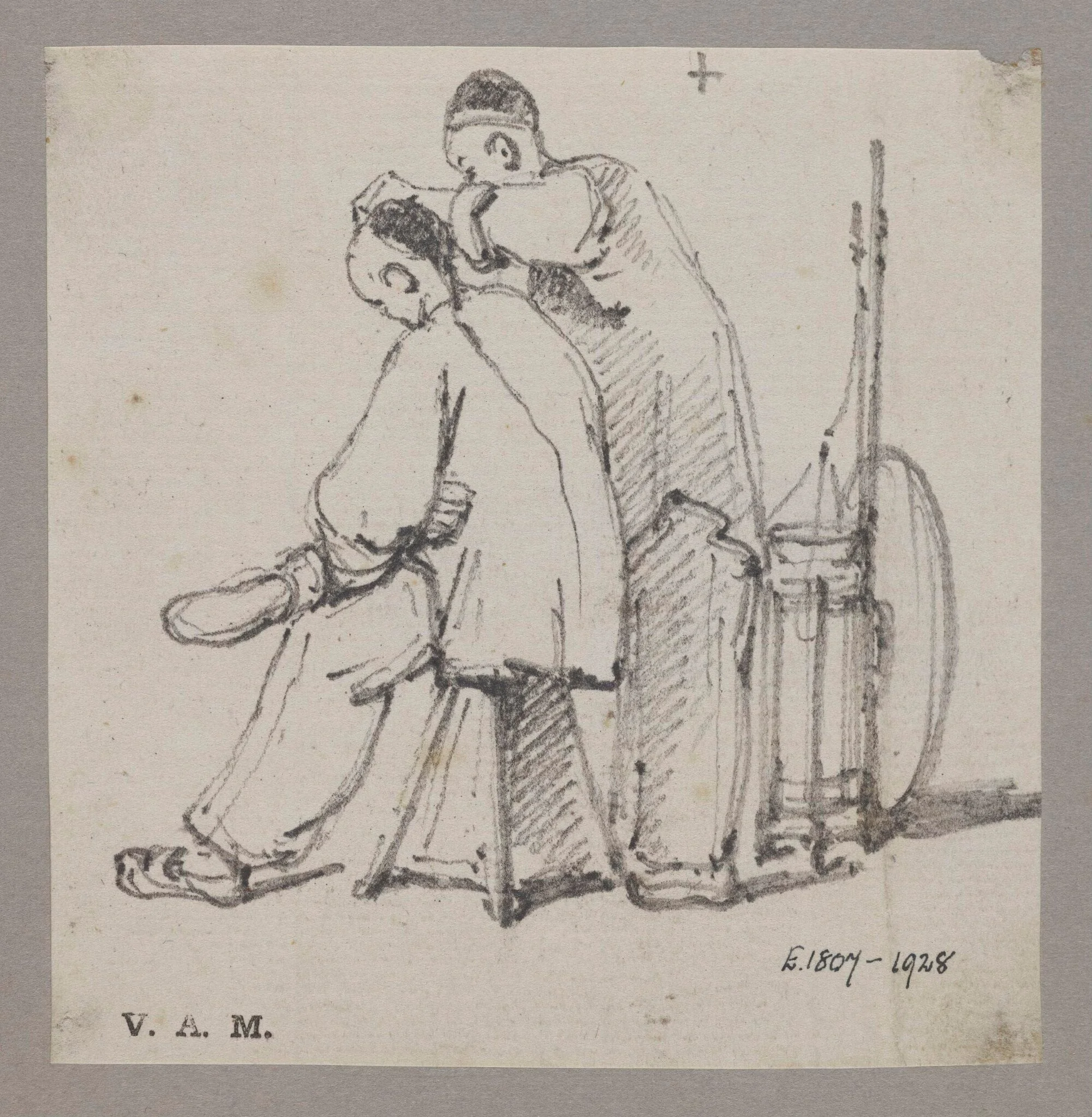 A barber with a seated customer, detail
