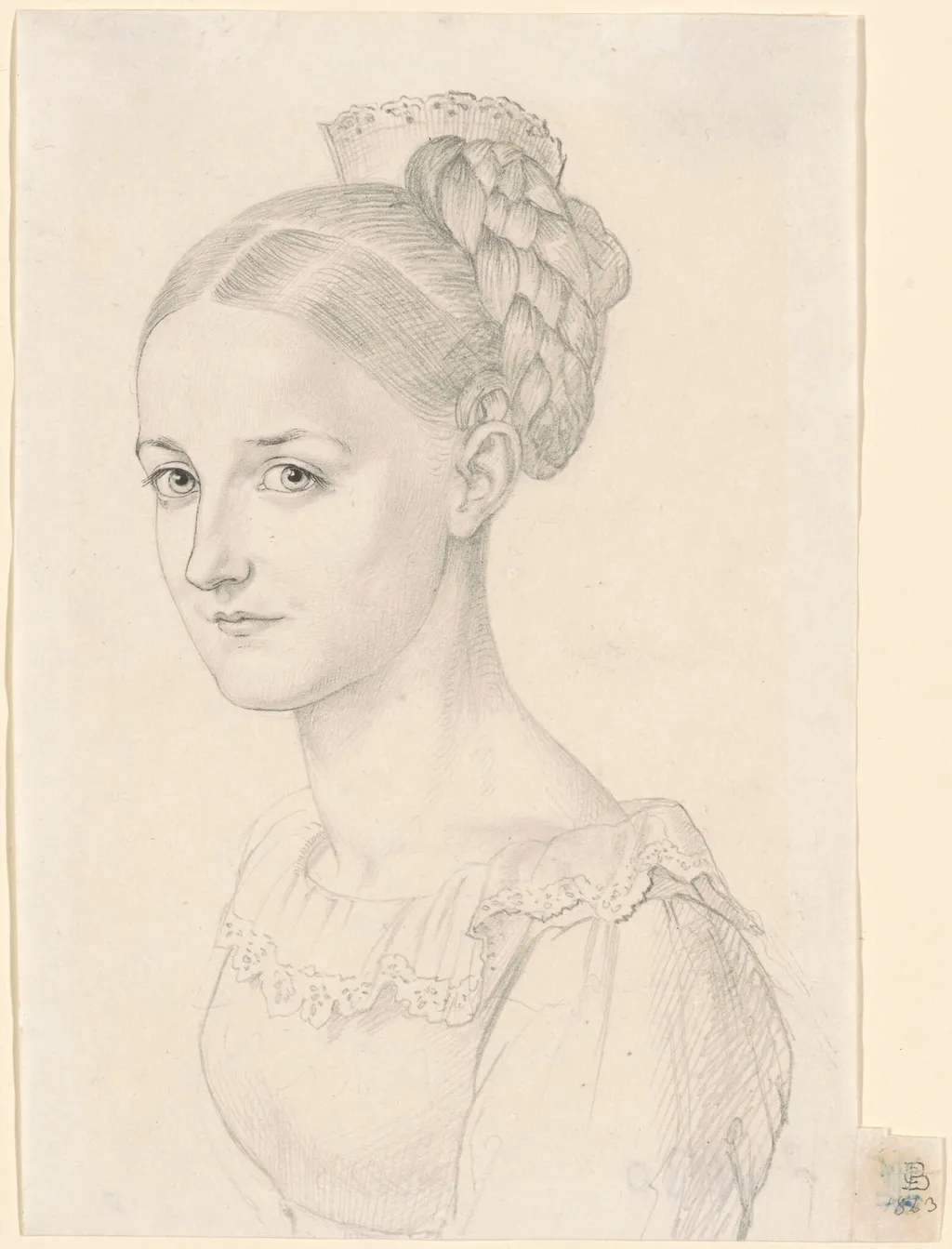 A Young Woman with an Elaborate Hairdo, by Carl Barth, ink, 1823