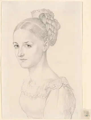 A Young Woman with an Elaborate Hairdo, by Carl Barth, ink, 1823