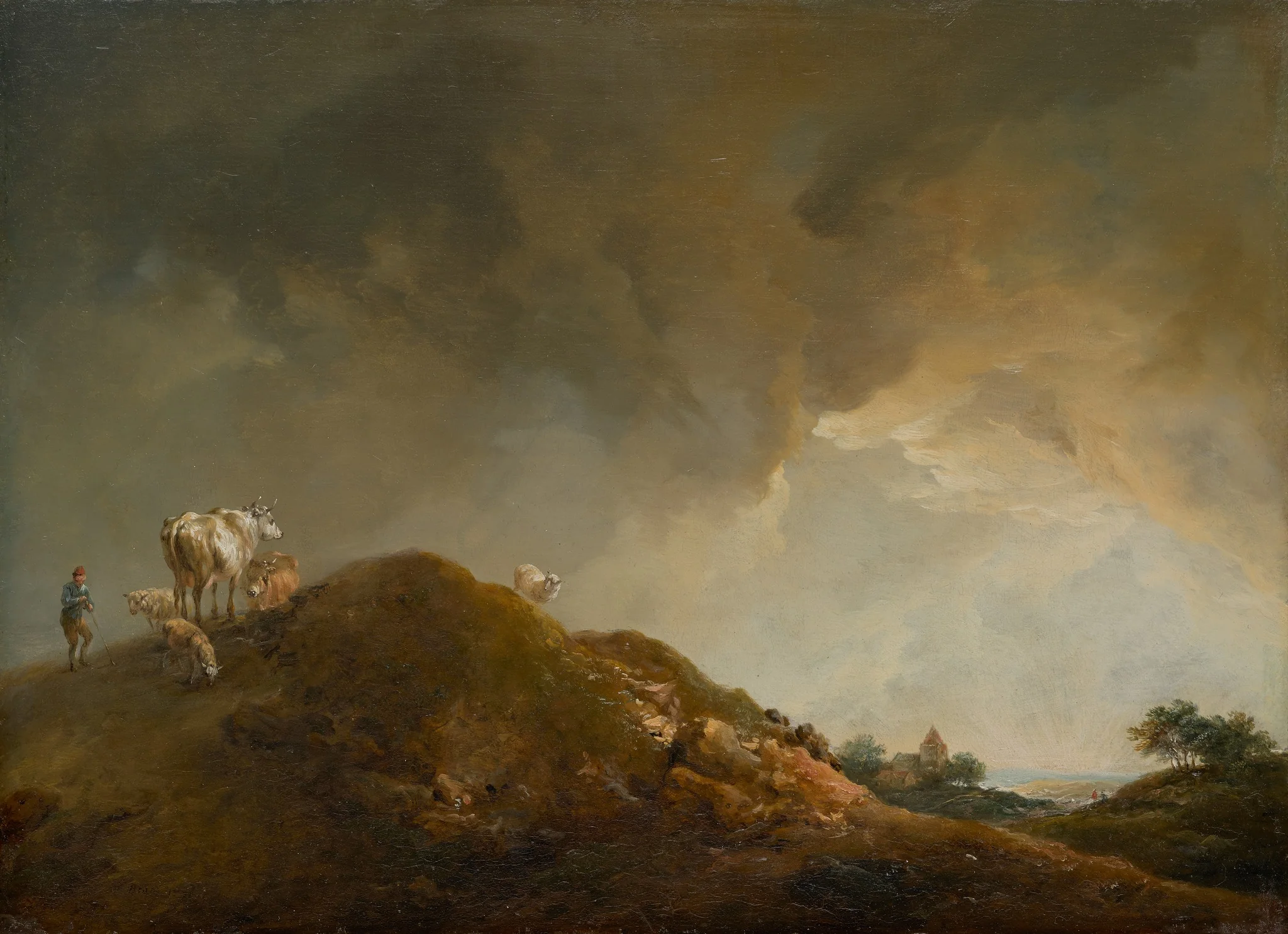 Rolling landscape with cows and sheep, detail