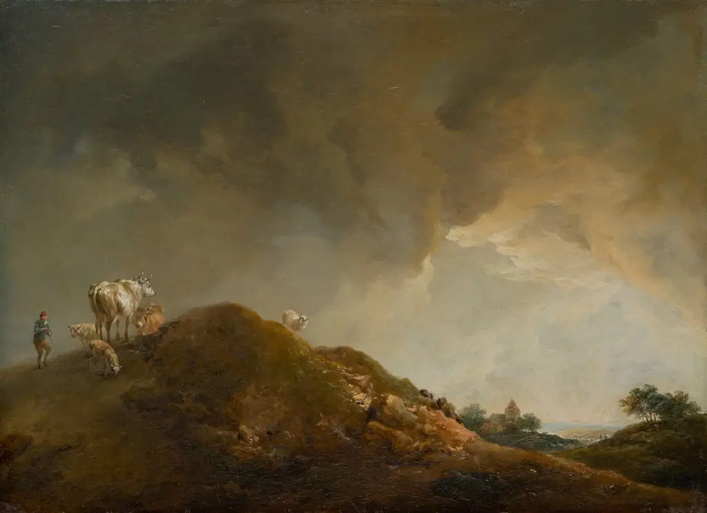 Rolling landscape with cows and sheep, by Johann Christian Brand, oil, 1771