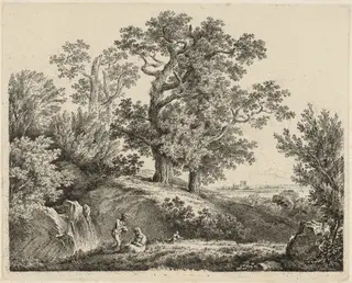 Landscape with a Waterfall and a Resting Family, by Martin von Molitor, ink, 1790
