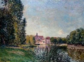 Loing river and church at Moret, detail