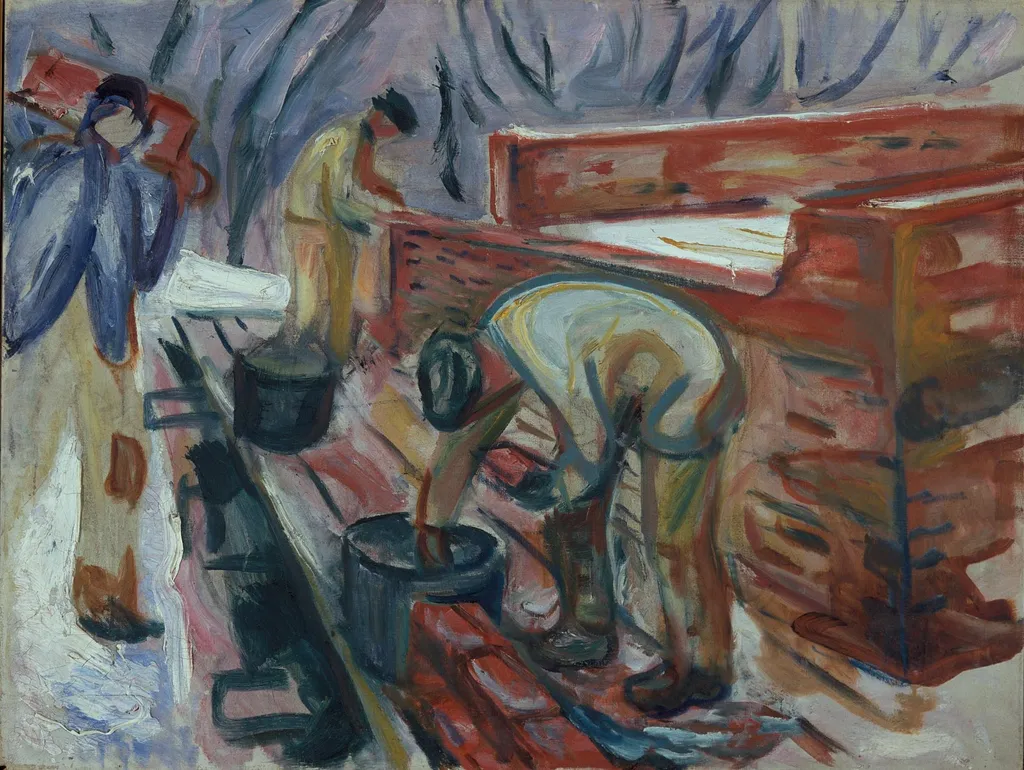 Bricklayers at Work on the Studio Building, by Edvard Munch, oil, 1920