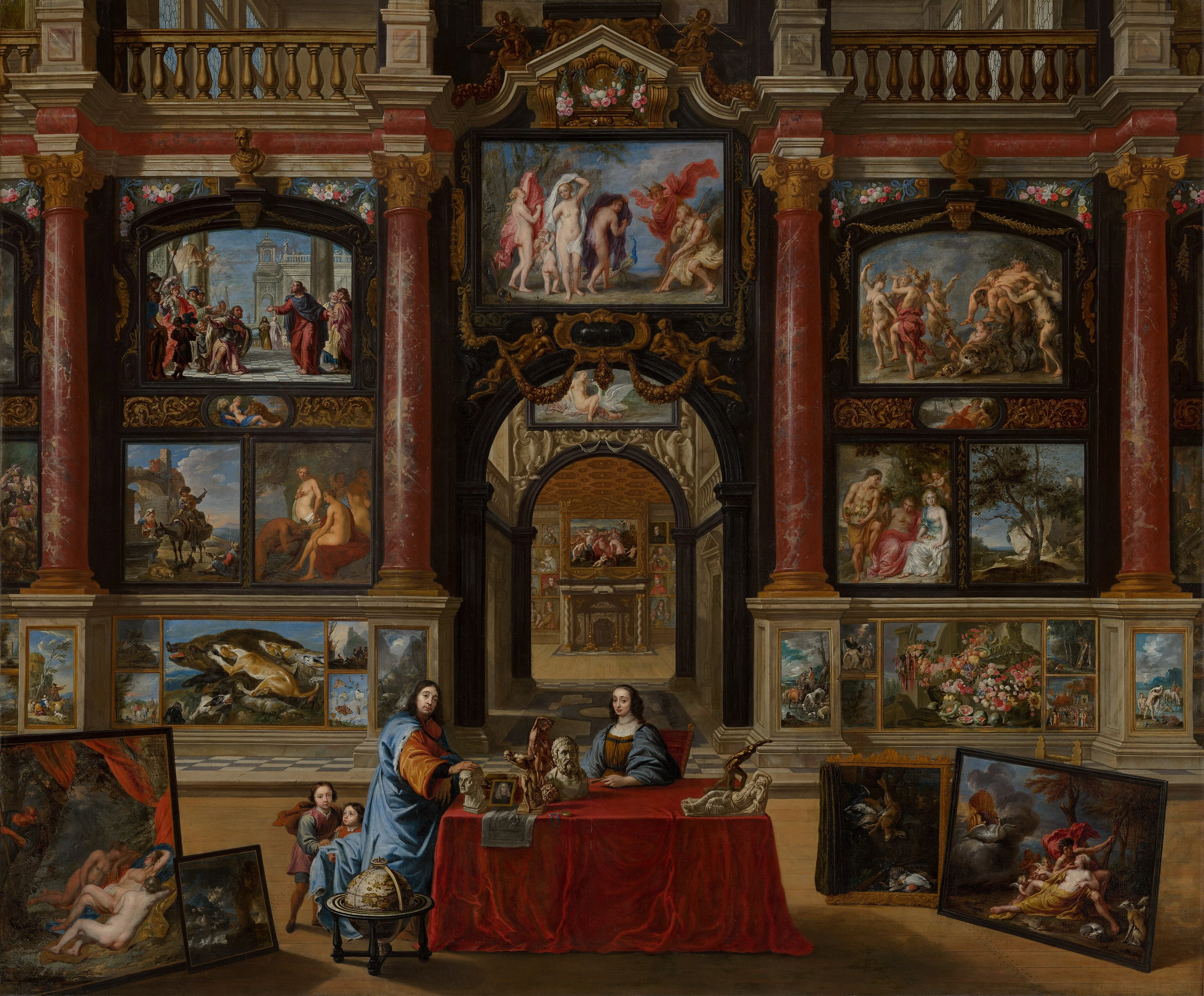 Intérieur avec personnages devant une collection de peintures, detail