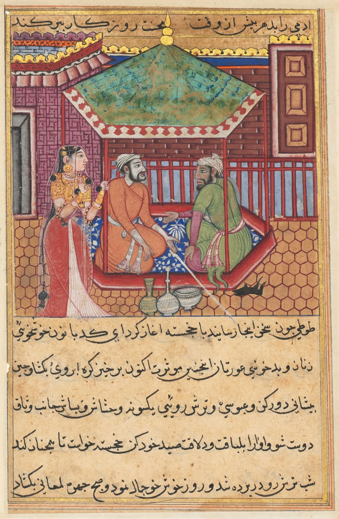 The eldest brother explains the reason for his youthful appearance, from a Tuti-nama (Tales of a Parrot): Forty-ninth Night, detail