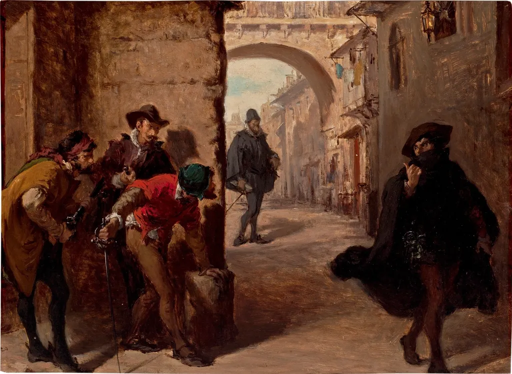 Muerte de Juan Escobedo, by Lorenzo Vallés, oil, 1890