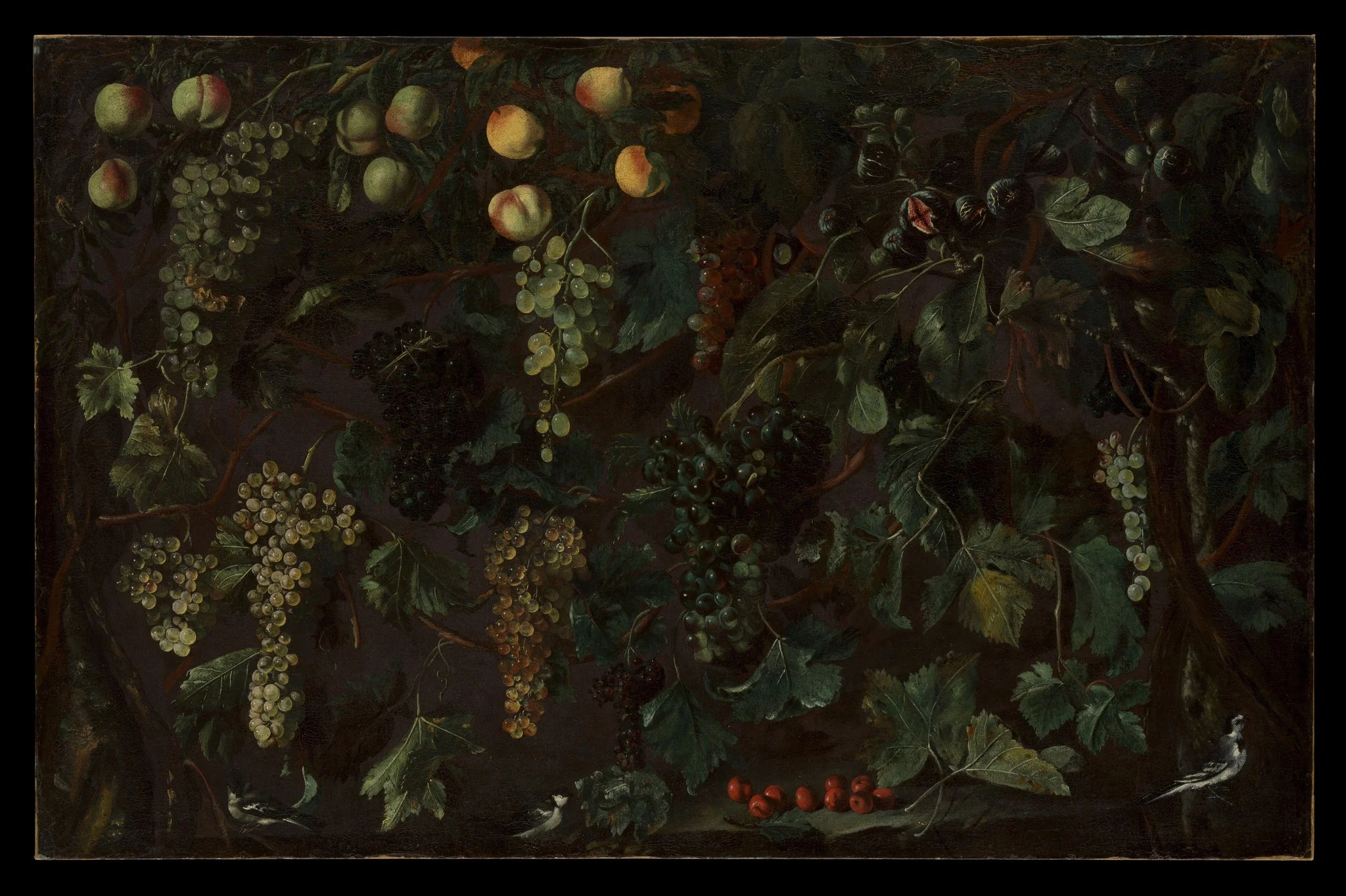 Grape Vines and Fruit, with Three Wagtails, detail