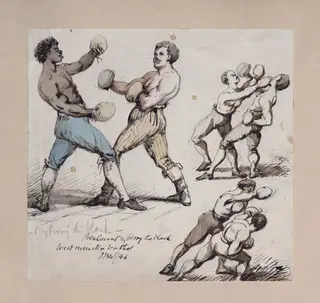 Boxing match: Ben Caunt and John Perry (Perry the Black), Westminster Baths, by John Burley Waring, watercolor, 1846