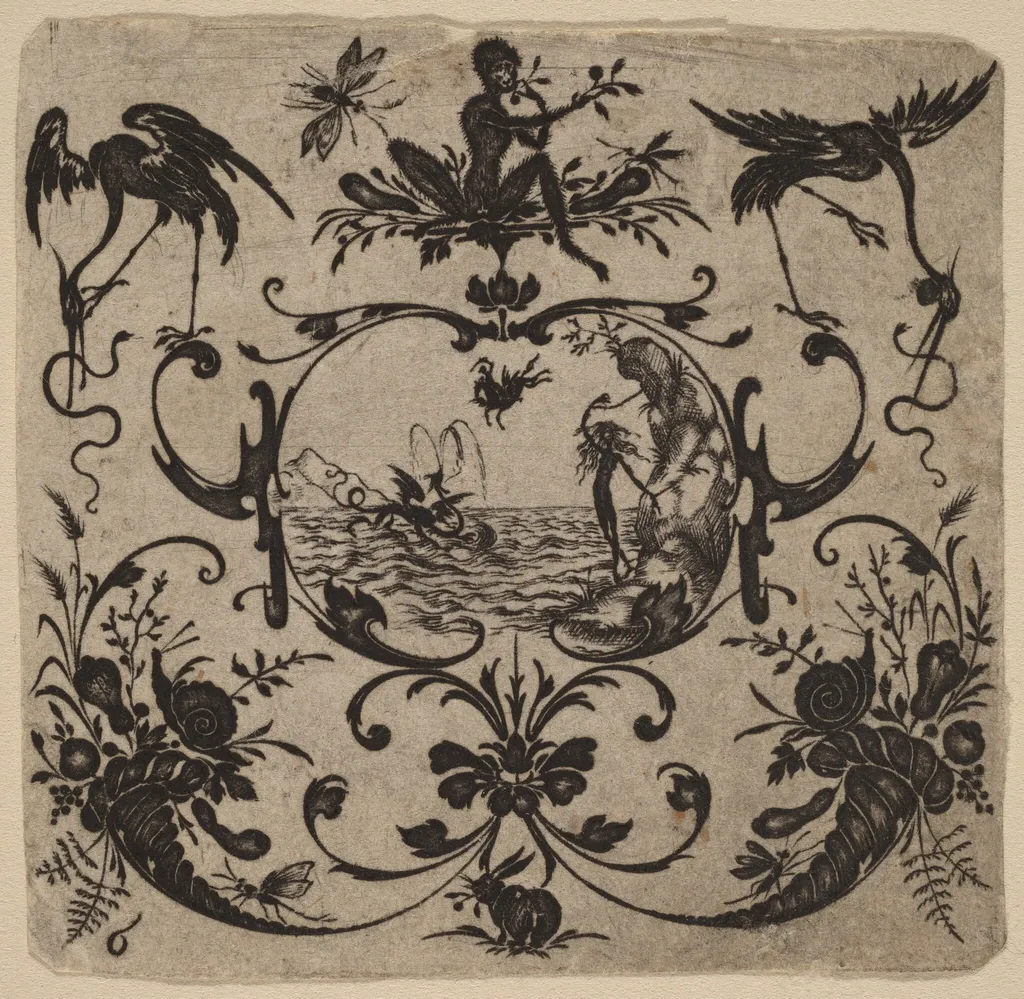 Ornament with Grotesque, by Master CR, ink, 1616