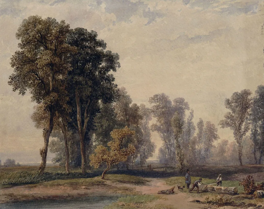 Landscape with two wood sawyers, by Pierre Girard, watercolor, 1850