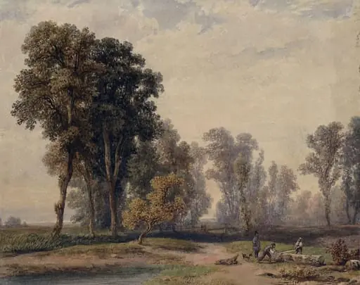 Landscape with two wood sawyers, by Pierre Girard, watercolor, 1850
