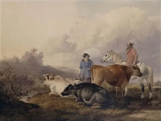 Cattle and Milkmaid, by Thomas Sidney Cooper, watercolor, 1850