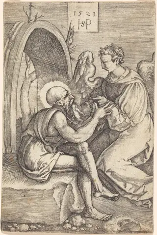 Saint Jerome with the Angel, by Sebald Beham, ink, 1521