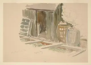 Sketch of a shed, cold frames and water butts in the garden at Gwaynynog, by Beatrix Potter, watercolor, 16