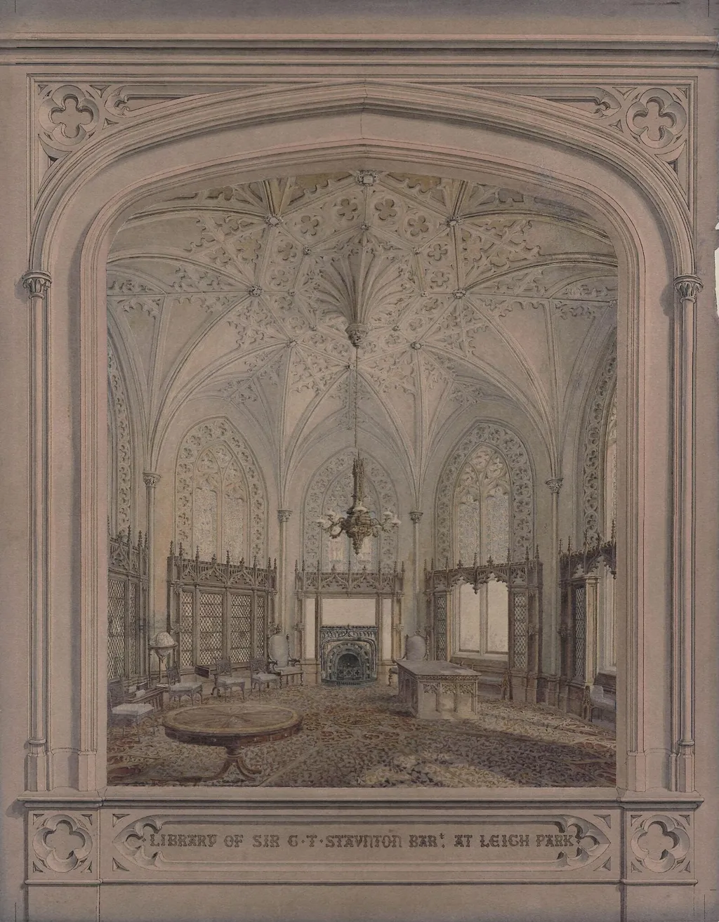 Library of Sir George Thomas Staunton, Bart, at Leigh Park, by Lewis Vulliamy, watercolor, 1833