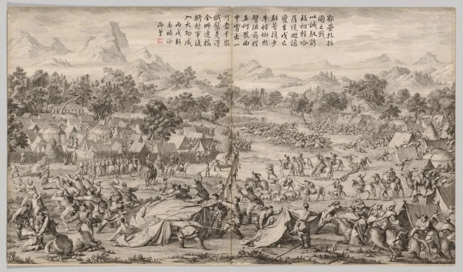 The Battle at Elei Zhalatu: from Battle Scenes of the Quelling of Rebellions in the Western Regions, with Imperial Poems, detail